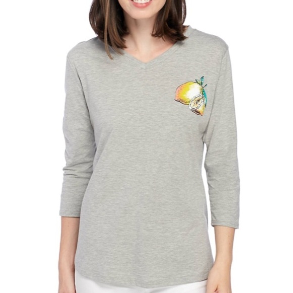 Kim Rodgers V-Neck 3/4 Sleeve Top Heather Grey Lemon Pie Graphic T-Shirt Medium - Picture 2 of 2